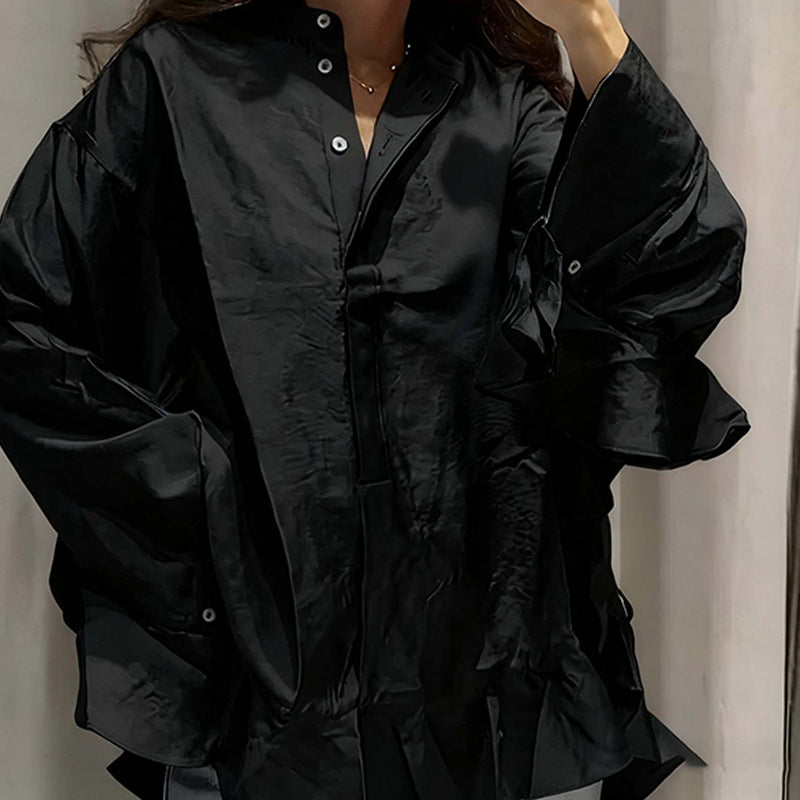 Solid-color Top With Ruffled Hem, Stand-up Collar, And Batwing Sleeves