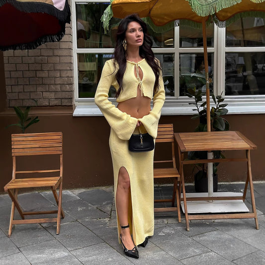 Cross-border Lace-up Long-Sleeve Midi Skirt Set European And American Style