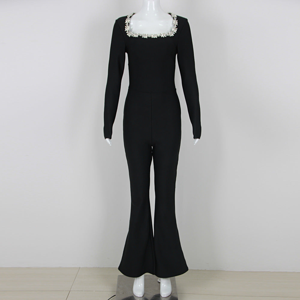 Women's Fashion Diamond Hollow High Waist Slim-fit Solid Color Jumpsuit
