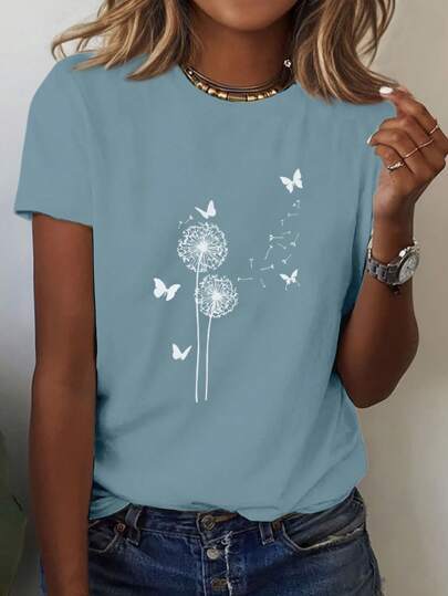 Dandelion Butterfly Pattern Round Neck Short Sleeve