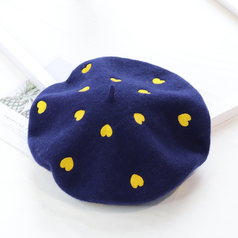 Stitched Ins Style Wool Knit Beret Women's Embroidered Hat