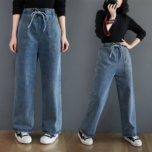 Loose and Versatile High-waisted Plus Size Straight Jeans