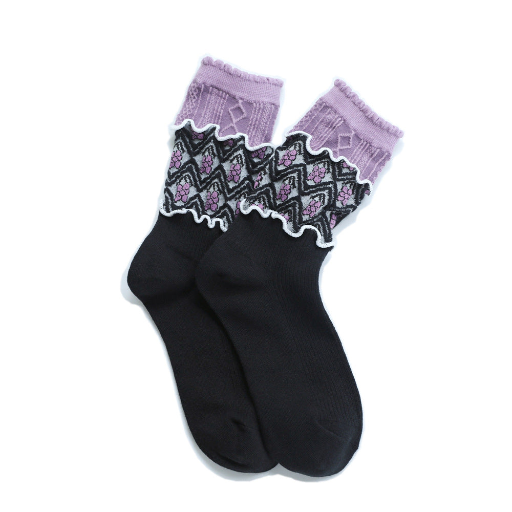 Floral Three-dimensional Relief Stitching Mixed Material Retro Spring Ladies Loose Socks