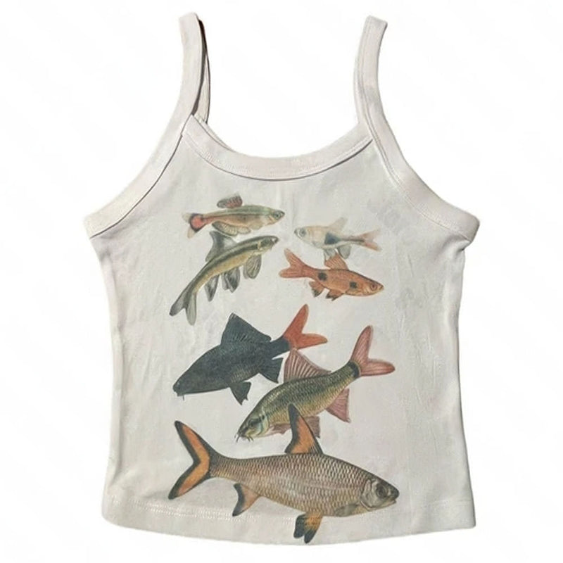 Abstract Goldfish Printed Square Collar Personality Slim Fit Sling