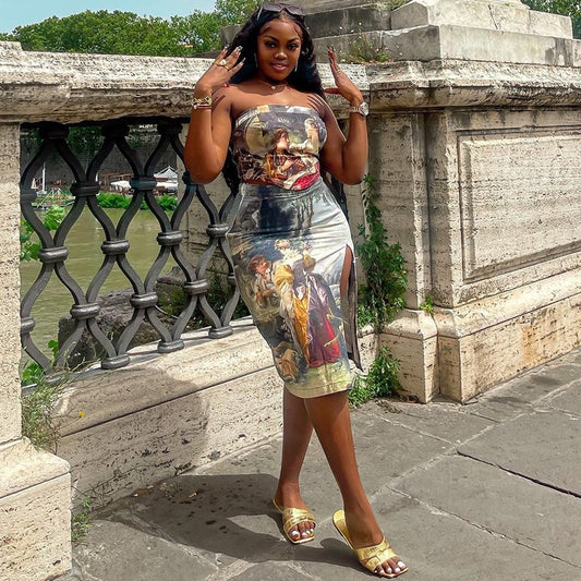 Fashionable Printed Backless Skirt With Half-Length Body-Hugging Fit And Side Slit For Women