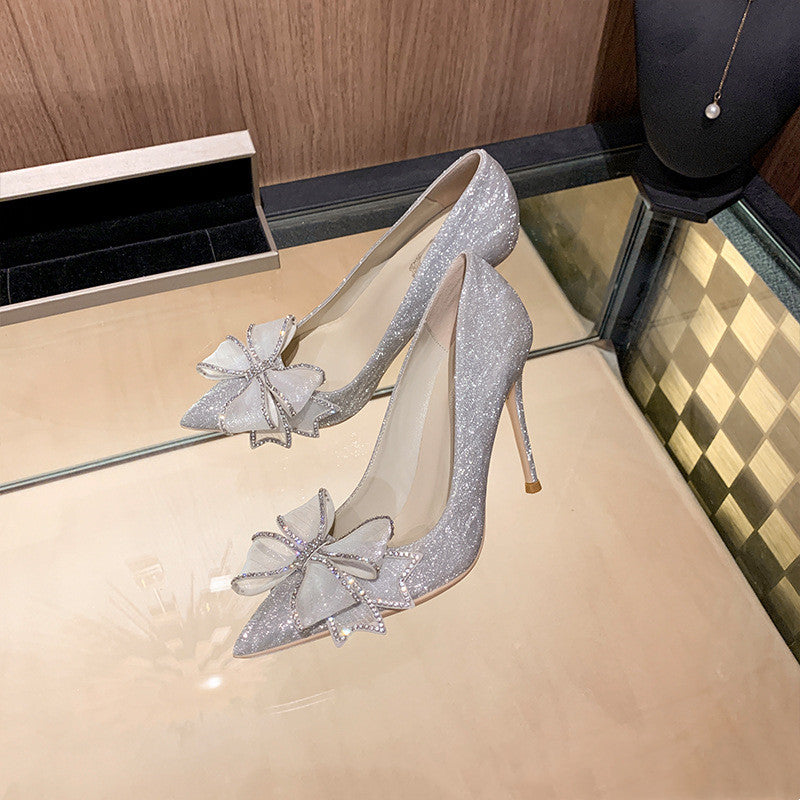 Pointed Toe Bow Knot Baotou Rhinestone Stiletto Crystal Bridesmaid Shoes High Heels