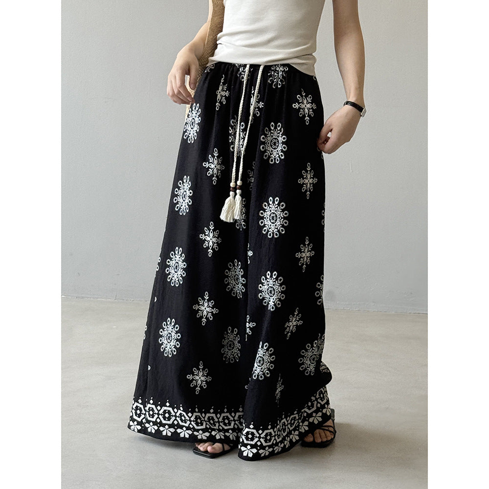 Women's Vintage Printed Drawstring Wide-leg Pants