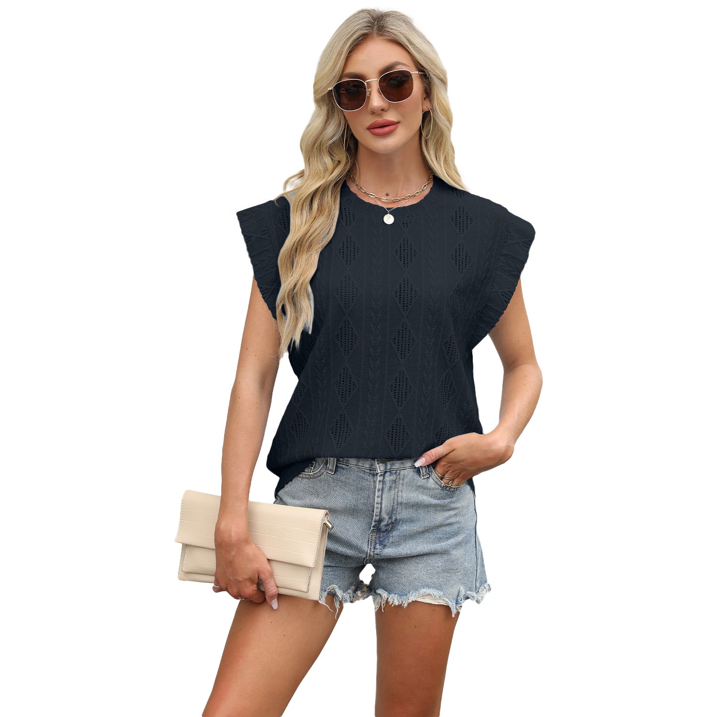 Crew-neck Loose-fitting Short-sleeve T-shirt With Jacquard Detailing Tank Top