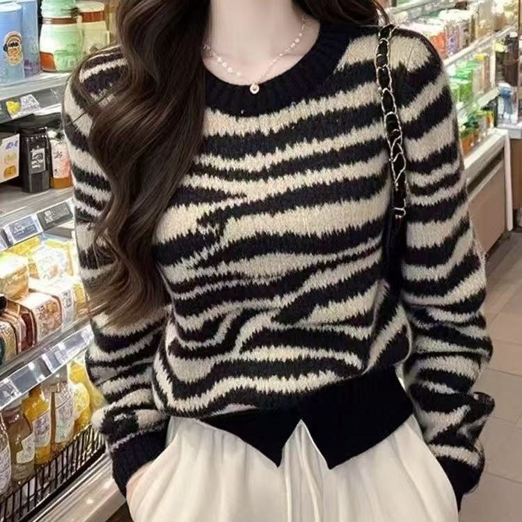 Retro Flot Sort Zebra-print Rundhalset Langærmet Sweater