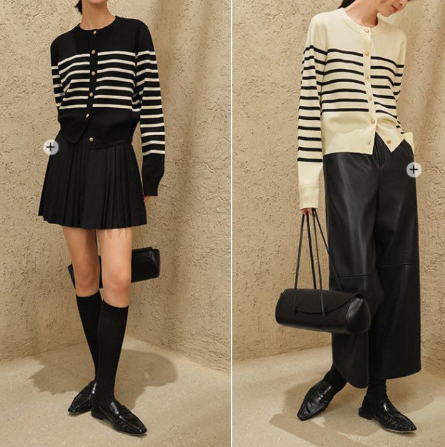 Autumn New Retro Gold Buckle Sweater French Waist Trimming Coat
