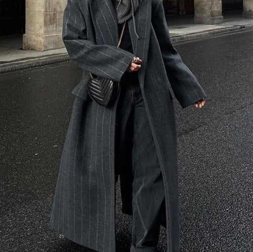 Lapel Long Sleeve Long Overcoat Outerwear Temperament Commute Stripes