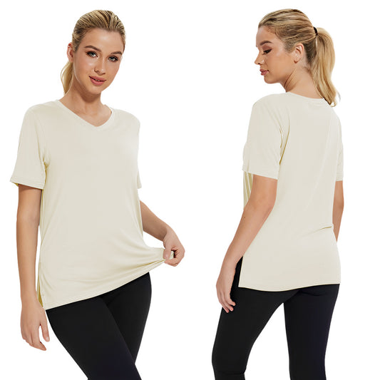 Summer New Solid Color Women's Short Sleeve Loose Split Top