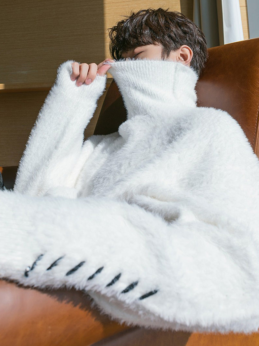 Men's Lace Design Mink Turtleneck Sweater