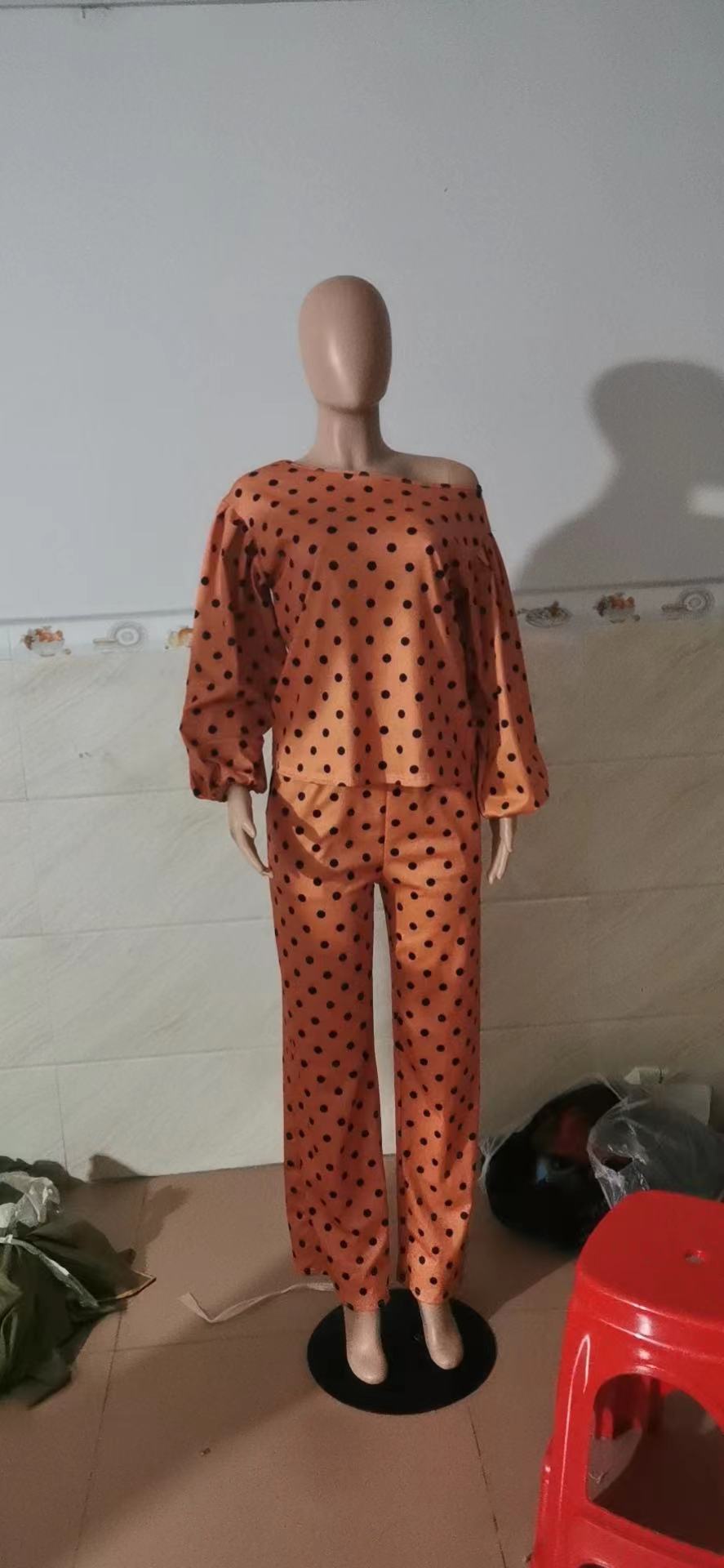 Polka Dot Printed Long-sleeved Trousers Casual Fashion Loose Shoulder Suit