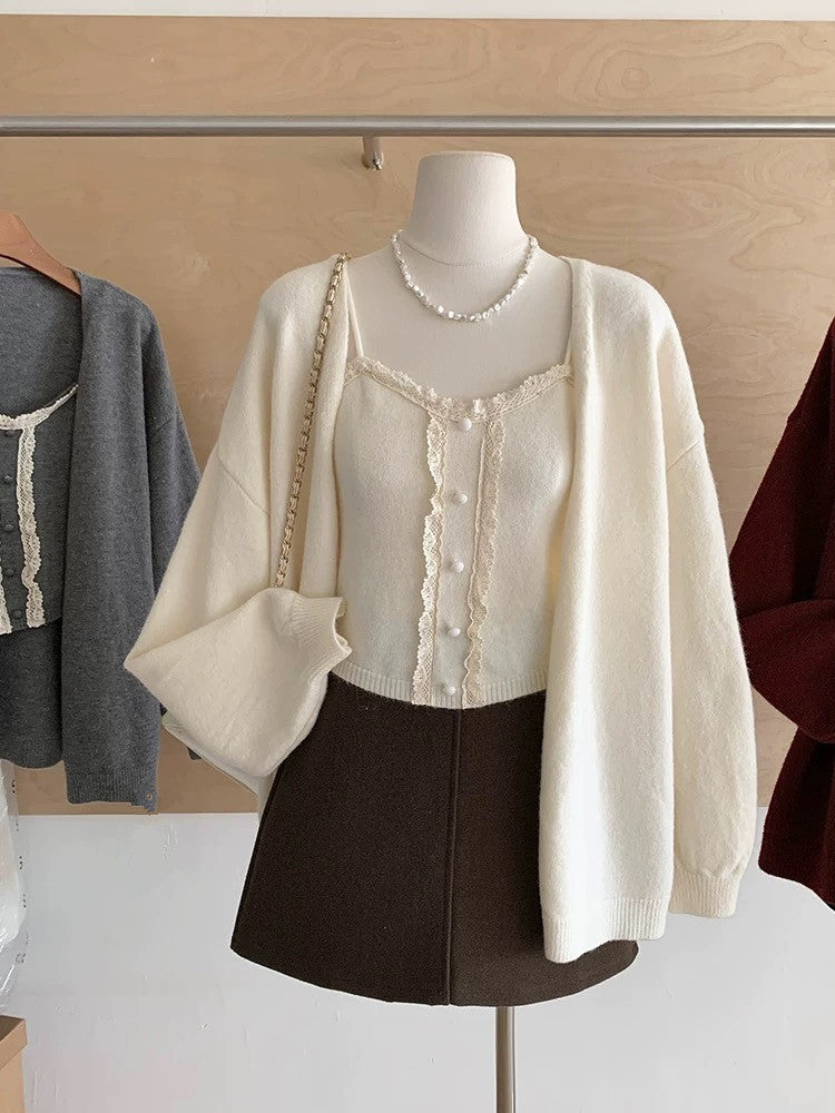Women's Solid Color Sweater Cardigan Two-piece Suit