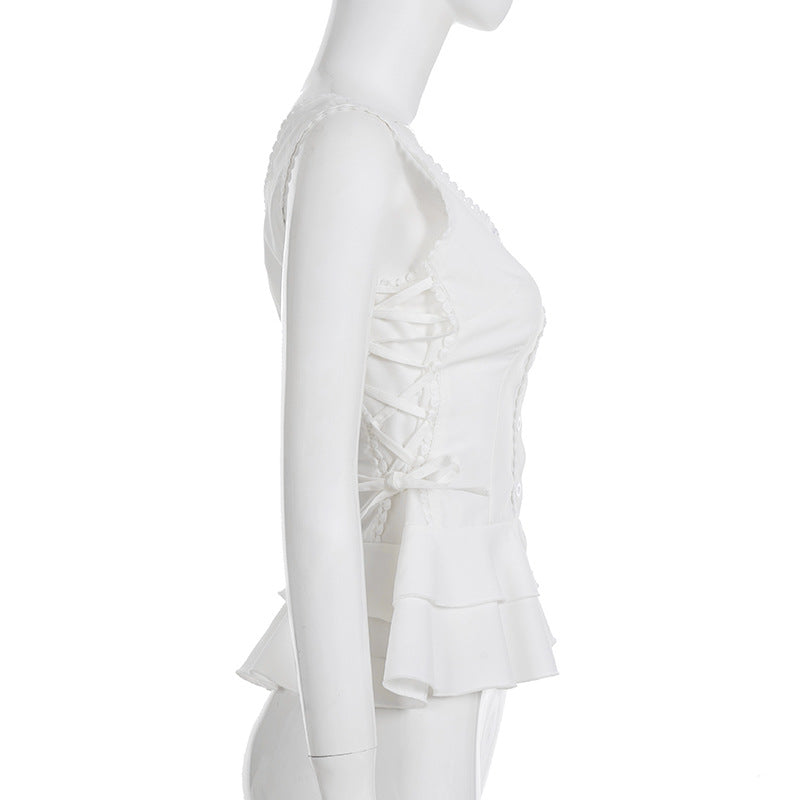 U Collar Lace Button Cardigan Vest For Women