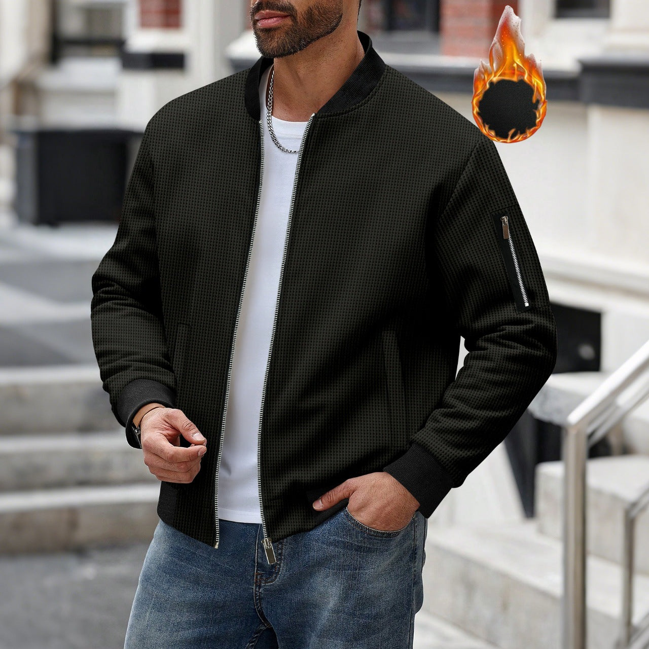 Men's Waffle Solid Color Cardigan Pocket Zipper Thickening Stand Collar Coat