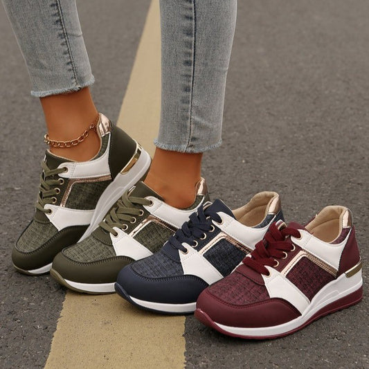 Farveblok-sneakers med snørebånd, moderigtige, afslappede sportssko med tyk sål, slip-on-fritidssko med rund tå til kvinder