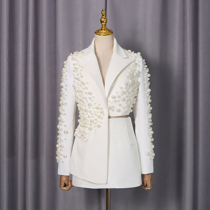 Two Piece Formal Suit Womens Hand Stitched Pearl Blazer And Skirt Set