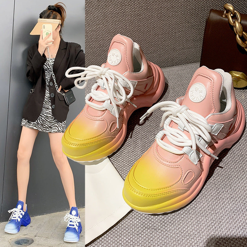 Height-enhancing Sponge Cake Thick-soled Breathable Color-blocking Bow Sports Shoes