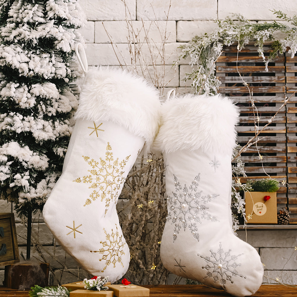 Flannel Pearl Snowflake Christmas Stocking White