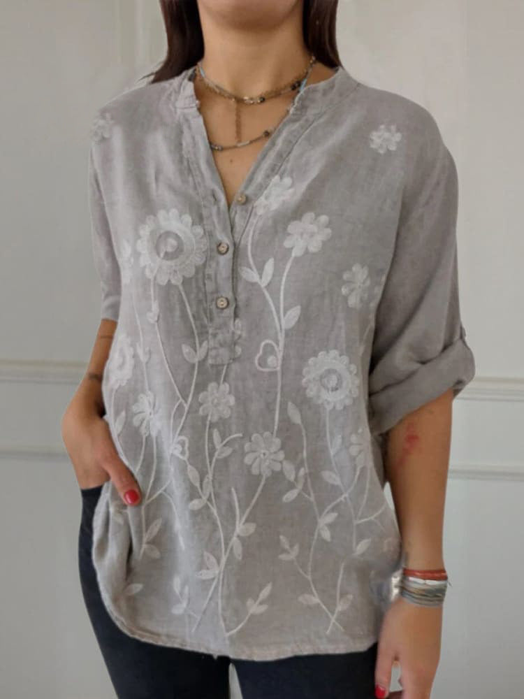 Women's Lace Embroidered Button V-Neck Shirt