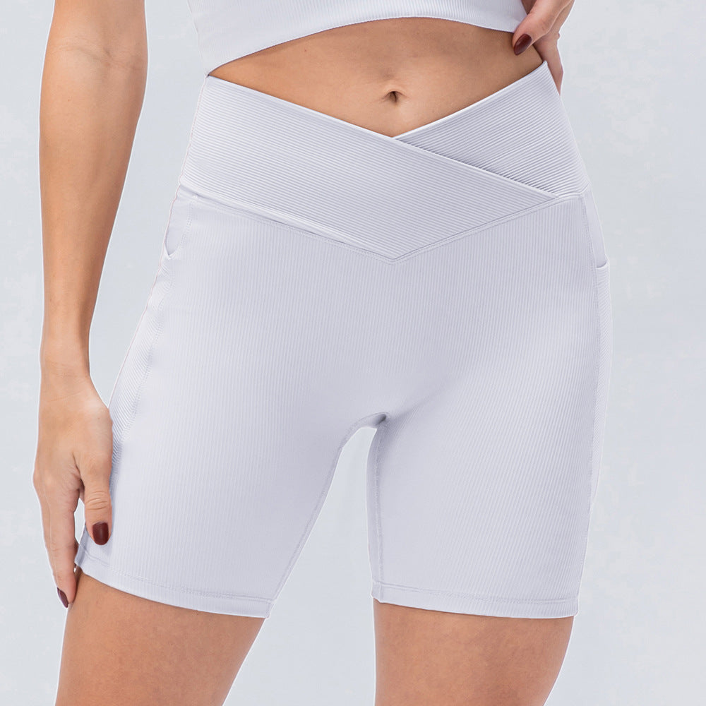 New Women's Yoga Shorts Cross Waist Slim Fit Fitness Pants Pockets High Waist Hip Lift Running Exercise Shorts