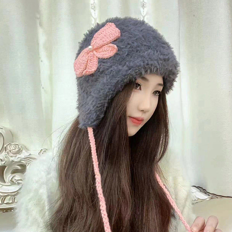 Womens Hand-Crocheted Pom-Pom Hat With Bowknot Warm