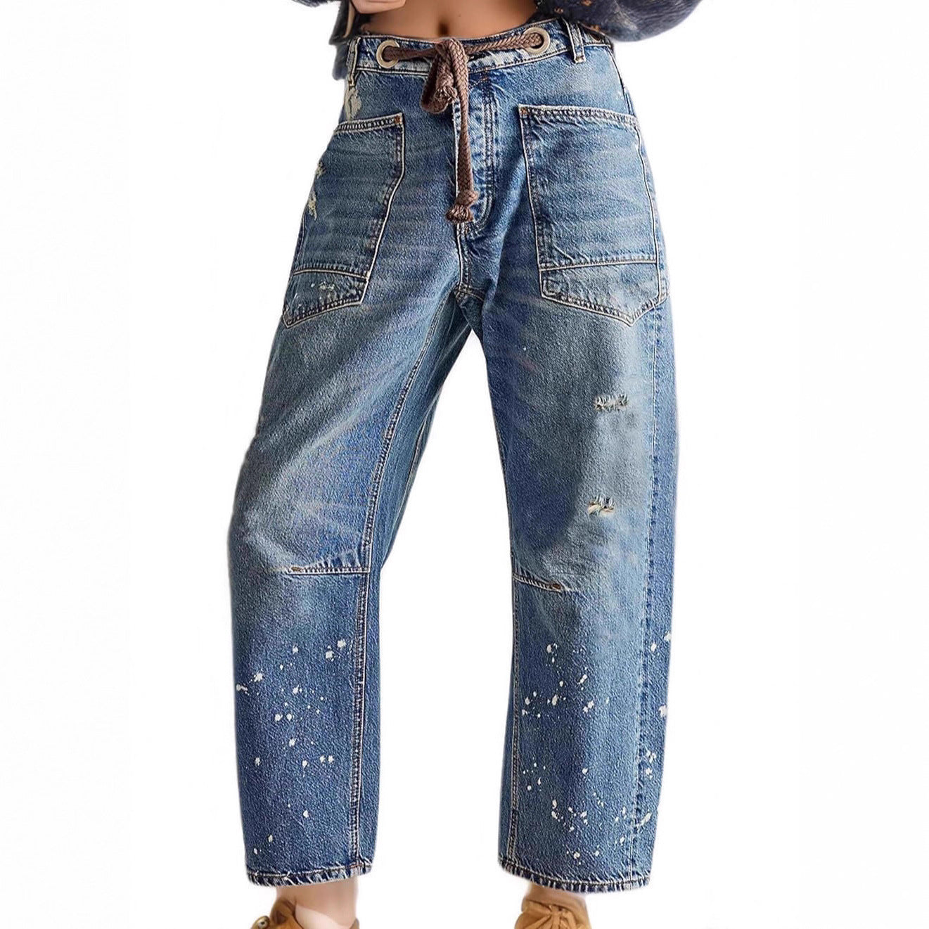Womens Patchwork Loose Straight Denim Jeans With Drawstring Waist And Lace-Up Details