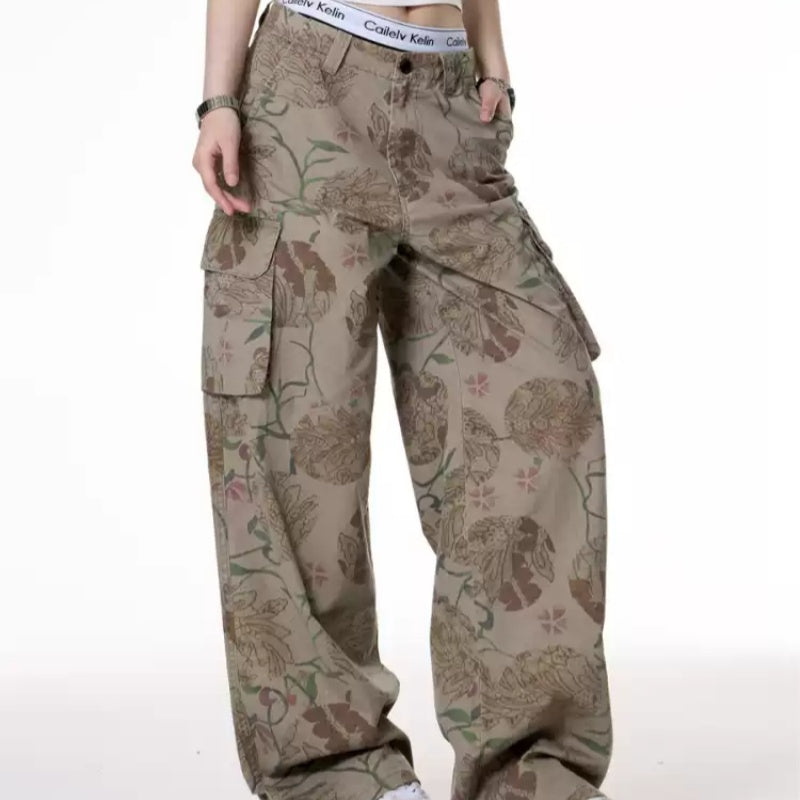 Retro Hot Girl Style Floral Print Large Pocket Casual Working Pants