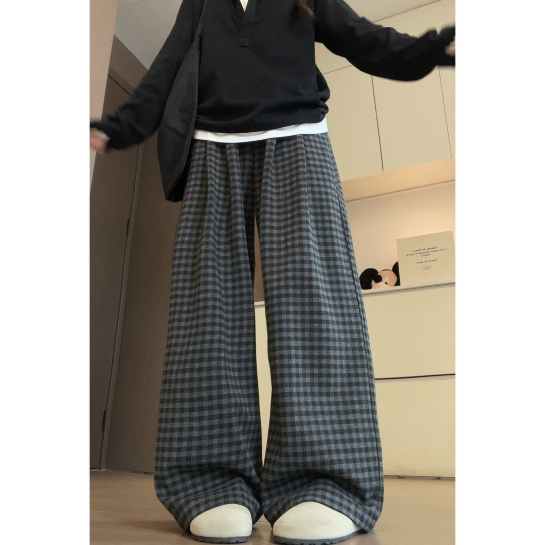 Løse Og Alsidige Fleece-ternede Wide-leg Bukser Til Kvinder