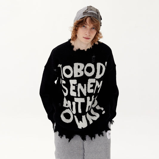 Street Fashion Make Old Ripped Letter Jacquard Burr Knitted Pullover