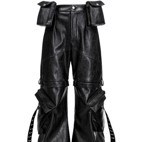 Leather Pants With A Double-waistband Design And Flowing Ribbons