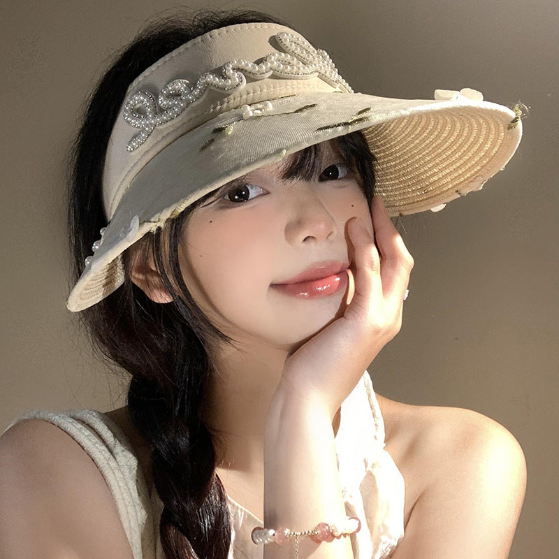 Lace Flower Pearl Visor Straw Hat Female Summer