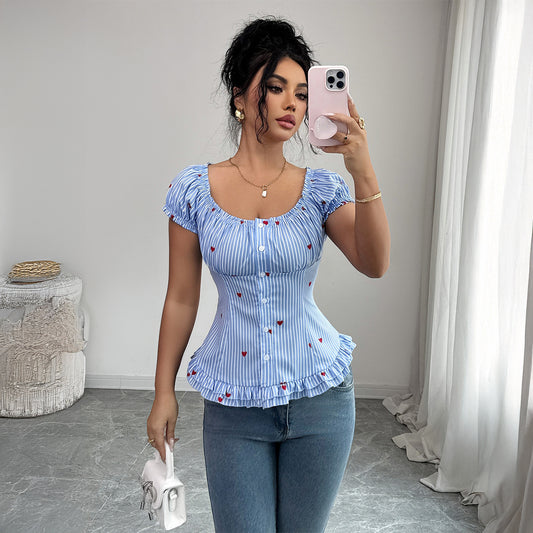 Elegant Figure-flattering Shirt With A Waist-cinching Design Floral Print And Puff Sleeves