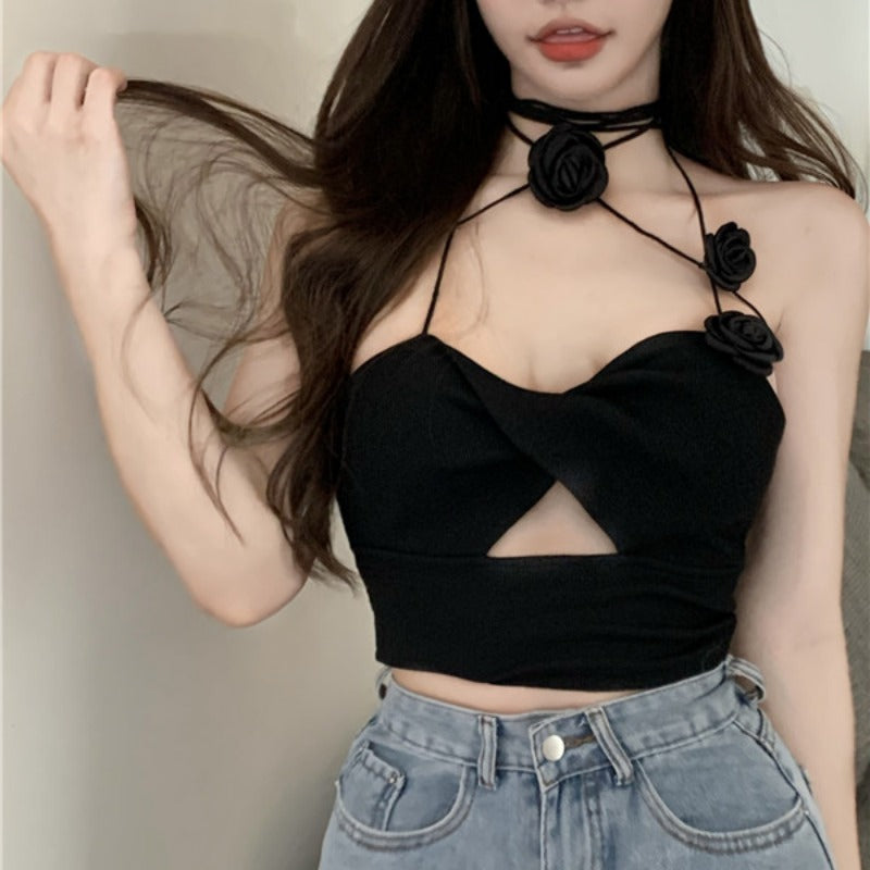 Women's Black Tight Halterneck Rose Suspender Summer Top