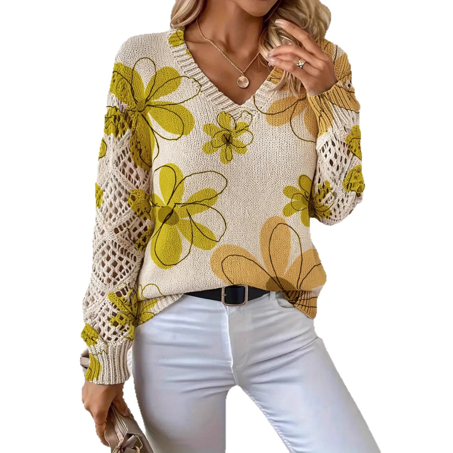 Printed Sweater With A V-neck And Long Sleeves Pullover Style