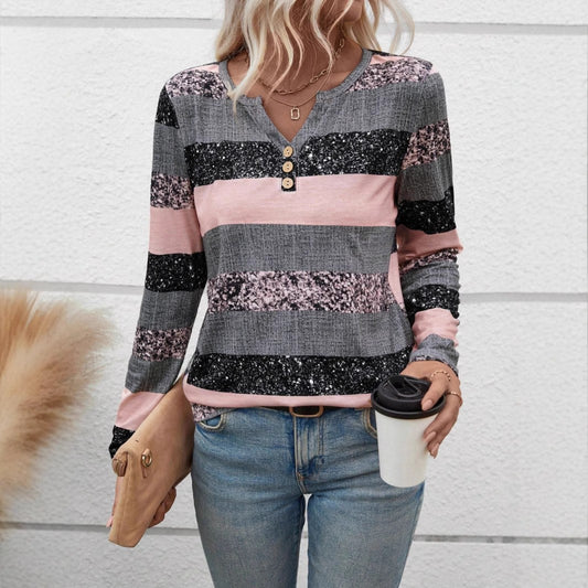 Stribet V-hals 3D Print Mode Afslappet Sweater