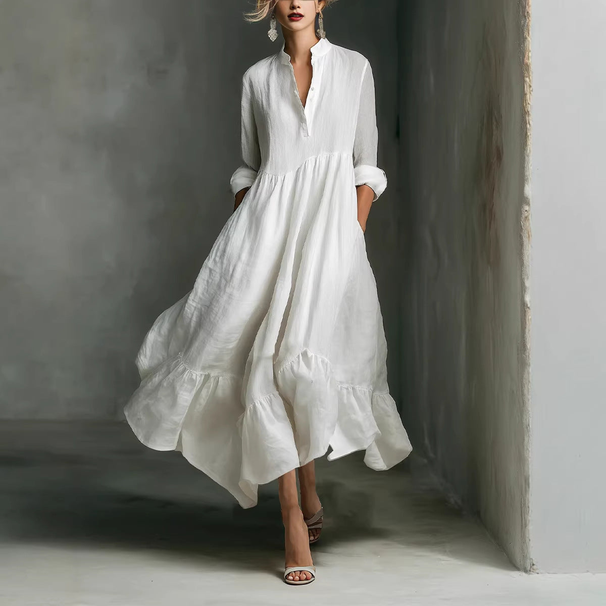 New Style Western-style Casual Cotton-Linen Resort Half-Open Collar Dress