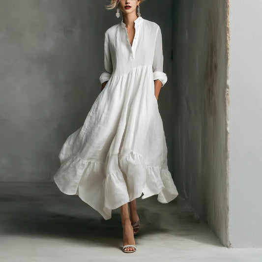 New Style Western-style Casual Cotton-Linen Resort Half-Open Collar Dress