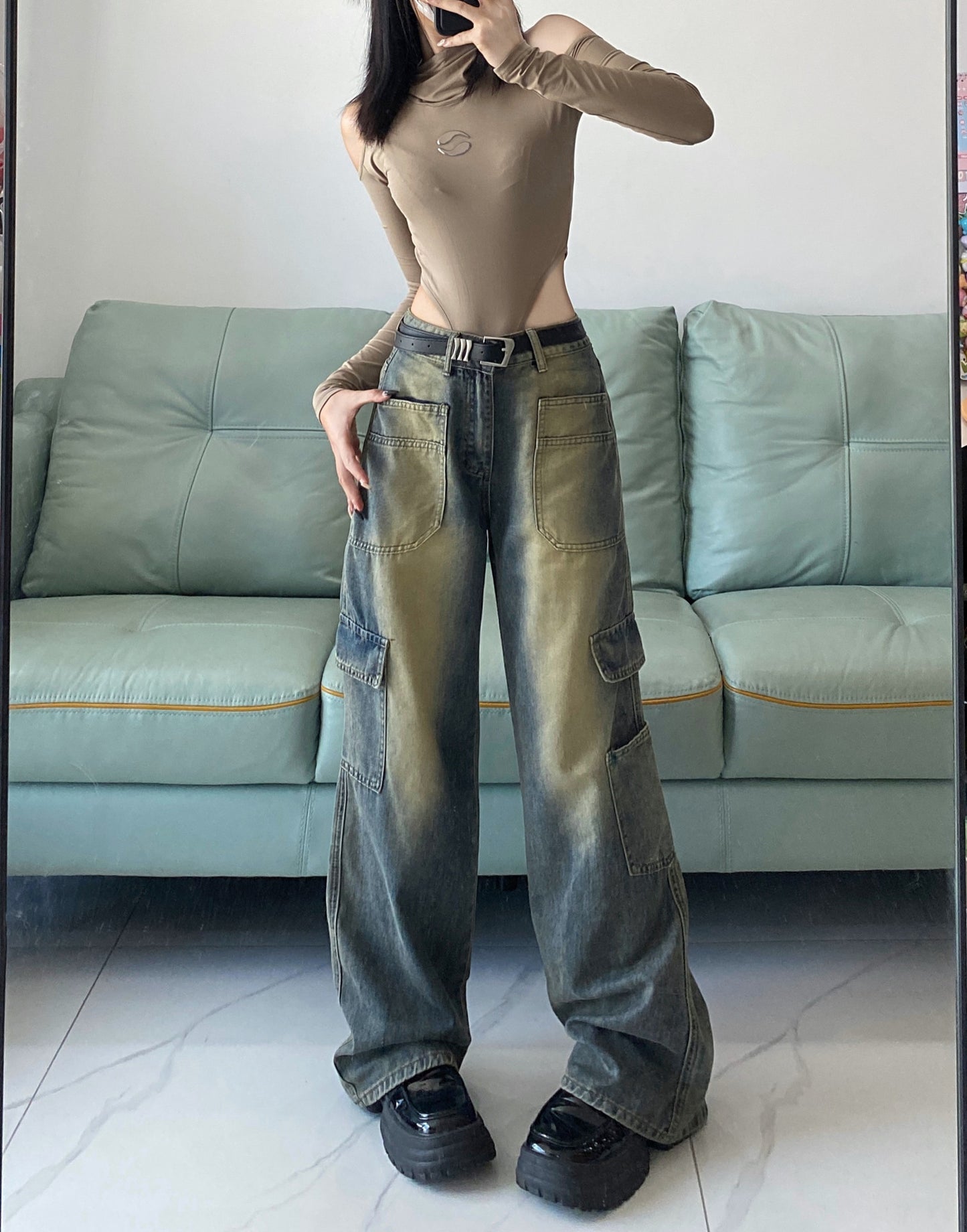 Amerikansk Workwear Lomme Brede Ben Denim Lige Bukser til Kvinder