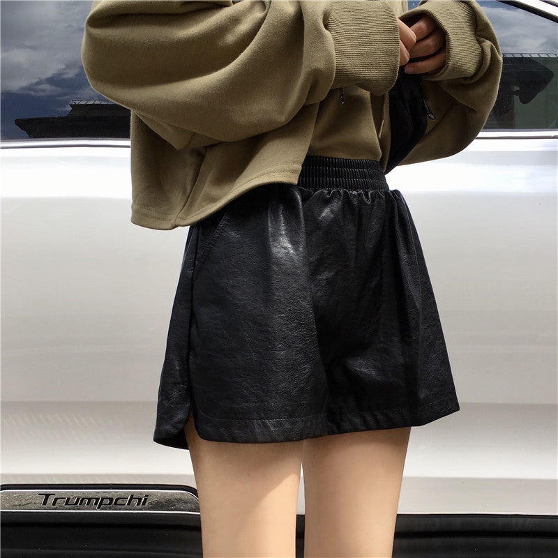 High Waist Small A-line Trendy Wide Leg Pants PU Leather Shorts