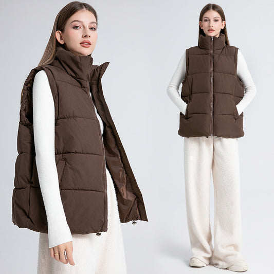 Women's Sleeveless Mid-length Stand-up Collar Thermal Down Cotton Thickened Vest
