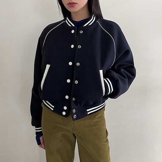 American Retro College Style Color Contrast Patchwork Stand Collar Breasted Baseball Uniform