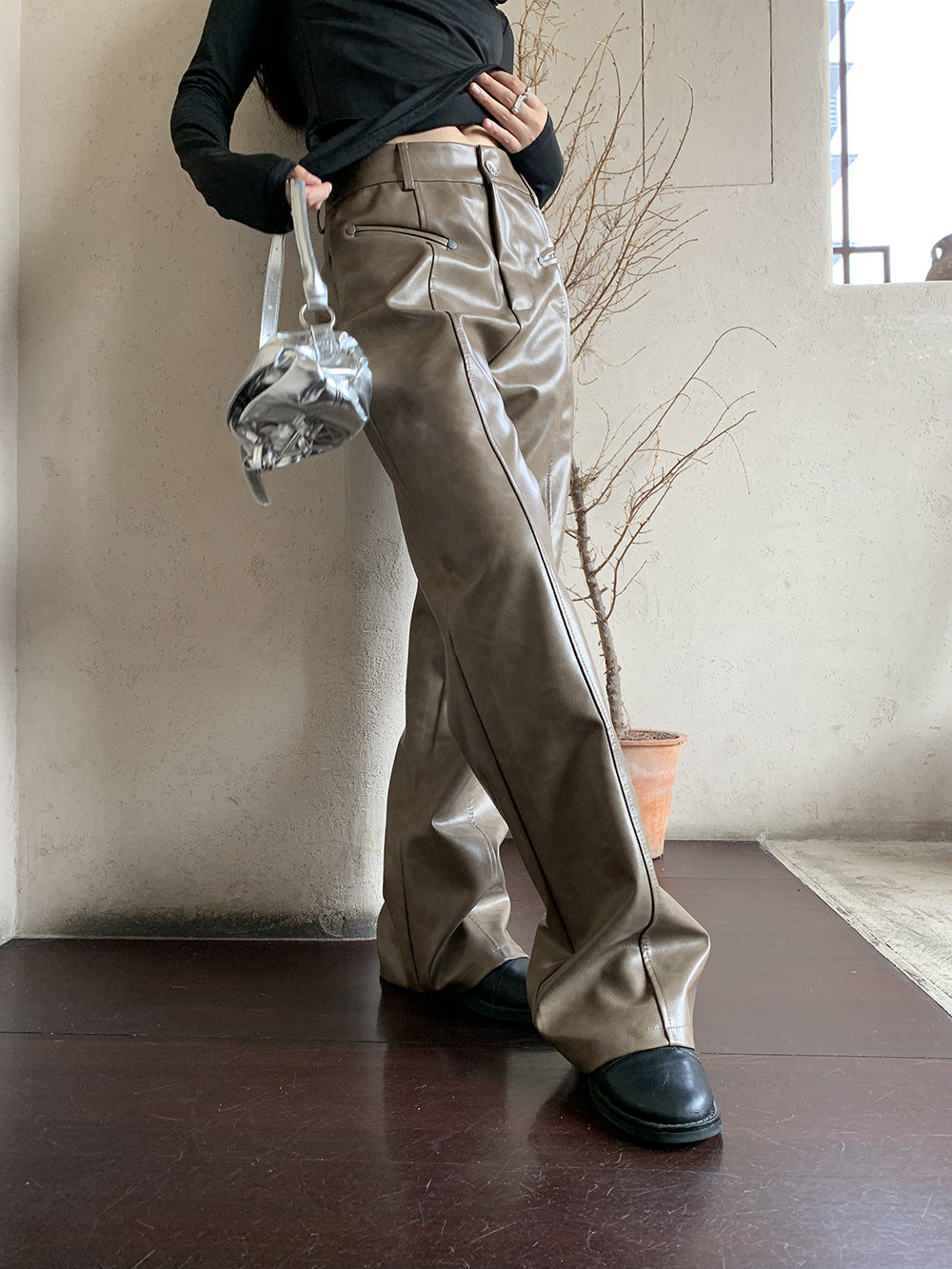 Women's Autumn And Winter PU Texture Casual Pants