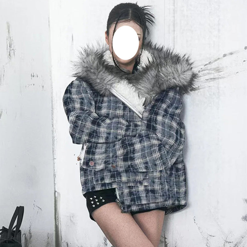 Trend Street Casual Plush Plaid Collar Zip-up Long Sleeve Hooded Sweatshirt