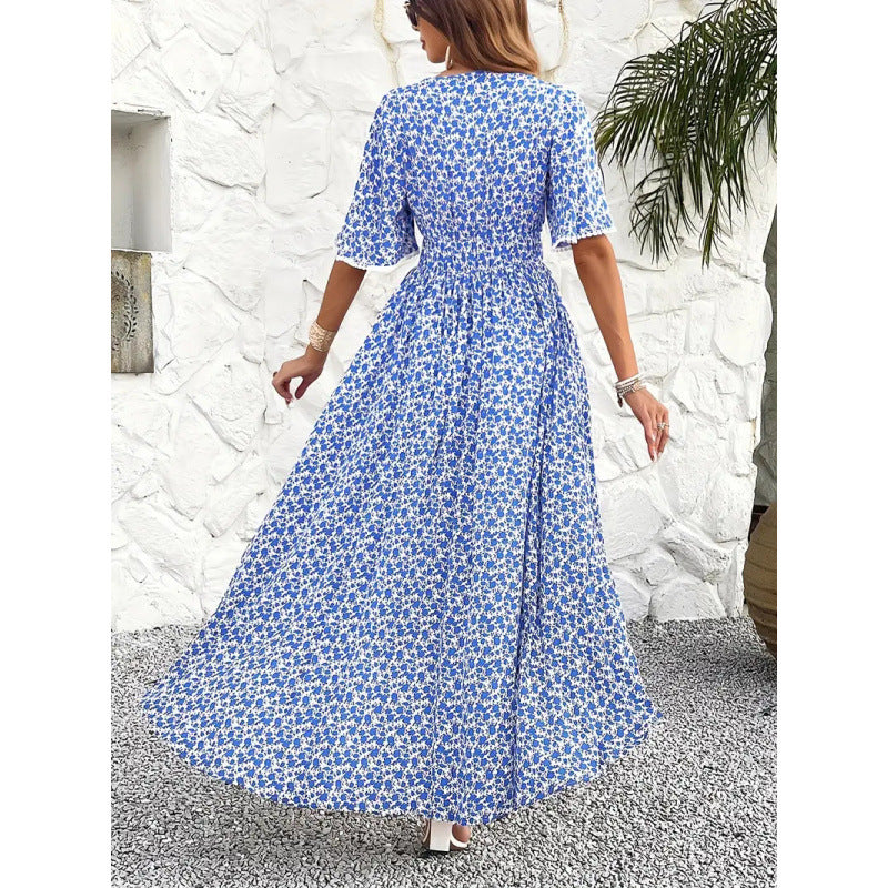Womens V-Neck Elegant Chic Printed Dress