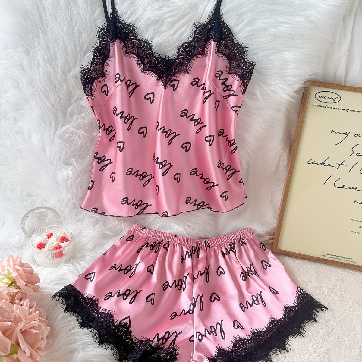 Womens Sleeveless Ice Silk Lace-Trimmed Laced Pajama Set
