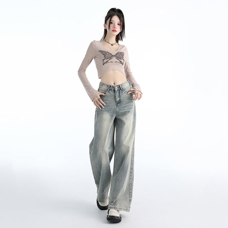 Jeans Washed Loose Drooping Draggle-tail Straight Trousers