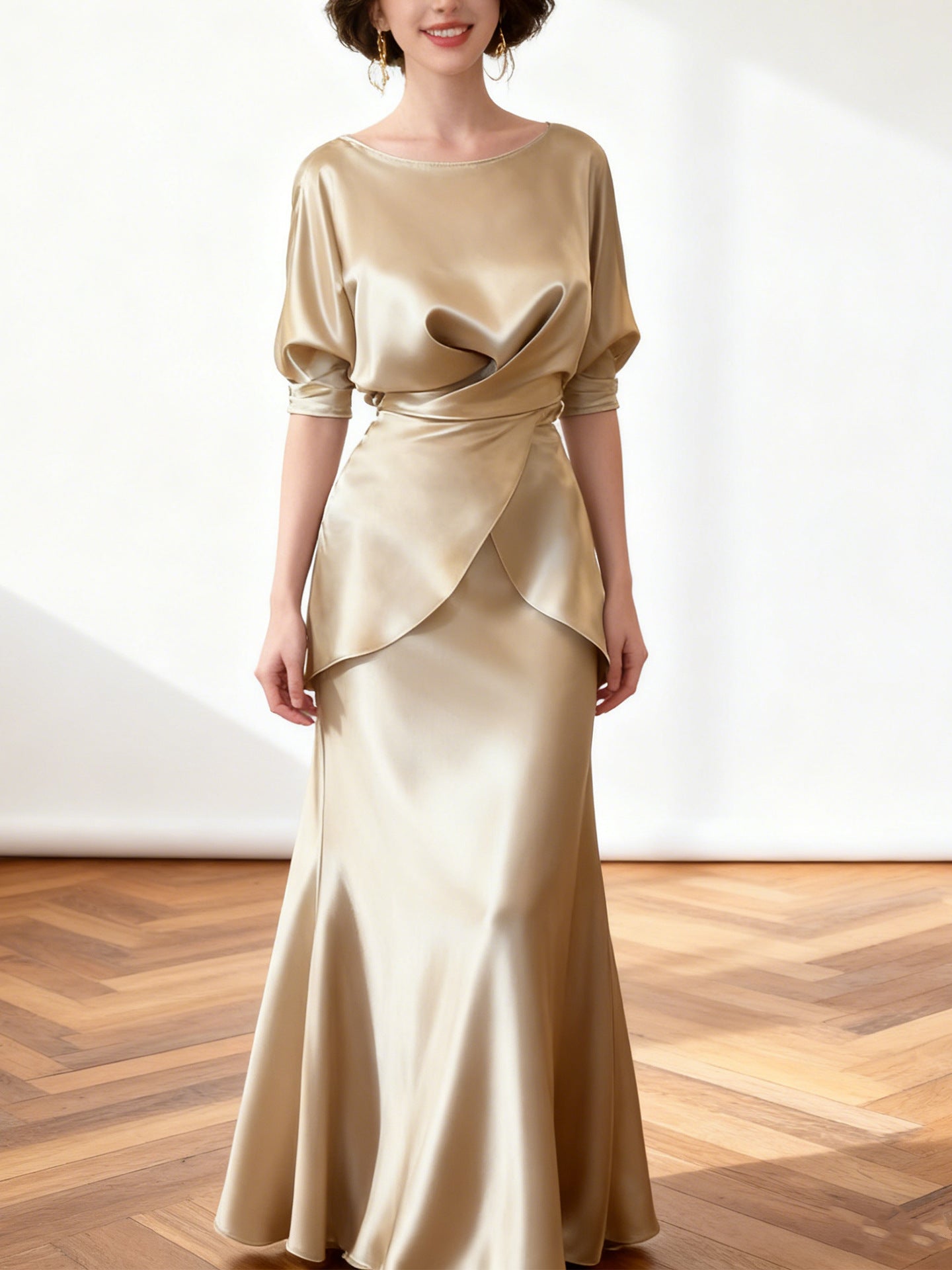 Spring Autumn Satin Elegant Top And Fishtail Midi Skirt Chic Two-piece Set